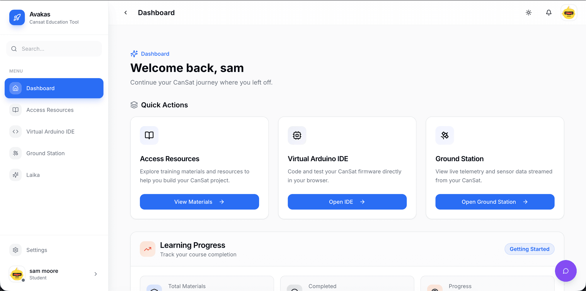 The Avakas app dashboard, welcoming a student back with quick actions for Access Resources, Virtual Arduino IDE and Ground Station above a Learning Progress panel.